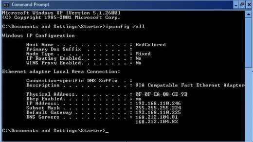 "ipconfig /all" command in command prompt