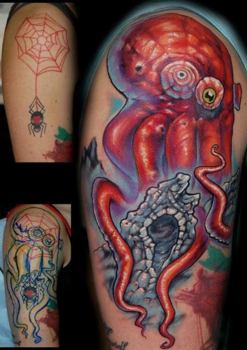 Octopus tattoo coverup of spider