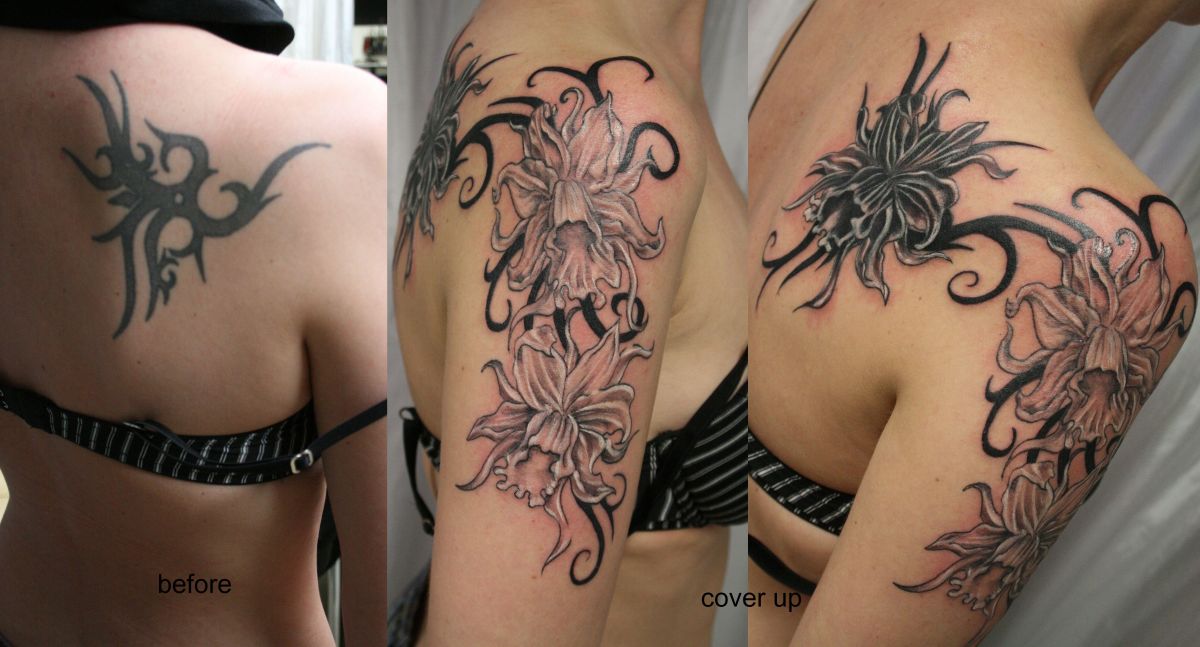 By adding and re-working and strengthening the lines of the old tattoo, the new cover-up tattoo has outshone itself.