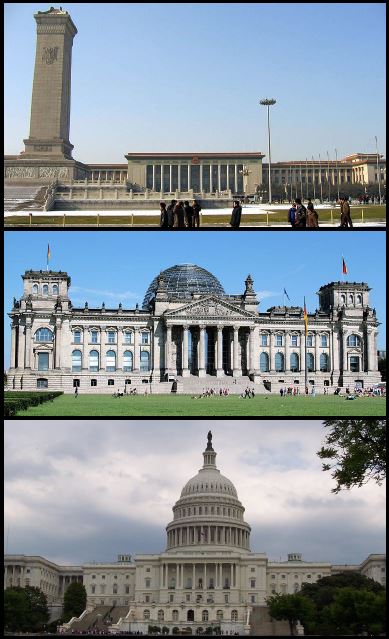 Top to bottom: the Great Hall of the People, where China’s National People’s Congress meets; the German Reichstag, the seat of the German Parliament; and the United States Capital Building, where the US Congress convenes. 