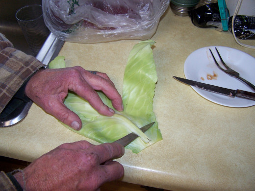 Here I show how I trim the stem/vein of the cabbage to allow it to be rolled much easier.