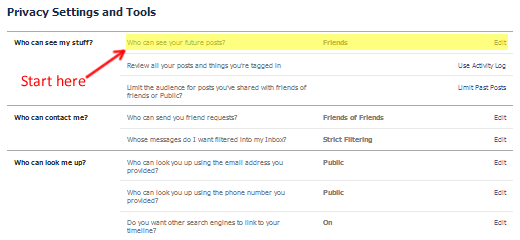 The Facebook Privacy Settings and Tools  Page, Center Column