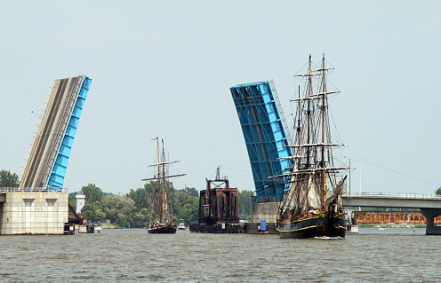 The Liberty Bridge on the Saginaw River allows clearance for tall ships in the annual Bay City Tall Ships Festival.