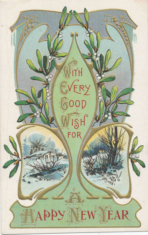 Nineteen century new year postcard with mistletoe, perhaps the most popular parasitic plant.