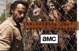 Rick standing in front of zombies behind a fence.