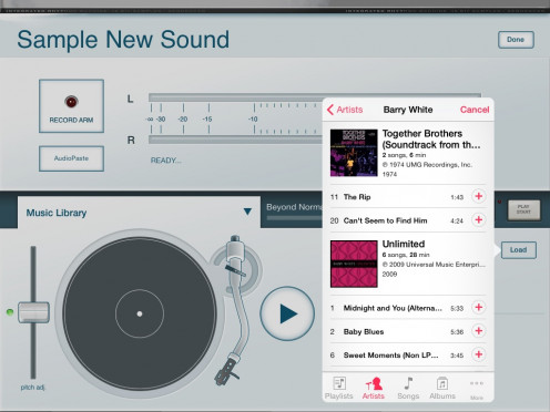 Sampler, turntable and iTunes directory for selecting songs in which to sample.