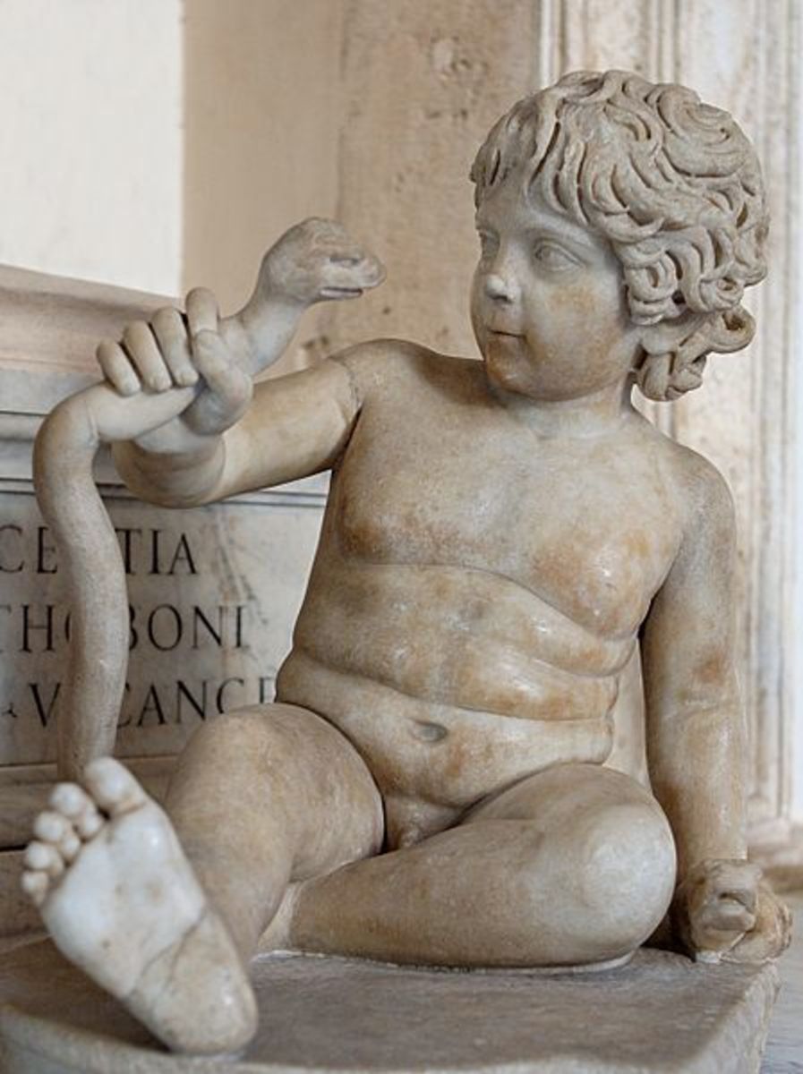 The infant Herakles strangling the serpents sent to kill him. A Roman marble sculpture of 2nd Century CE, Capitoline Museum
