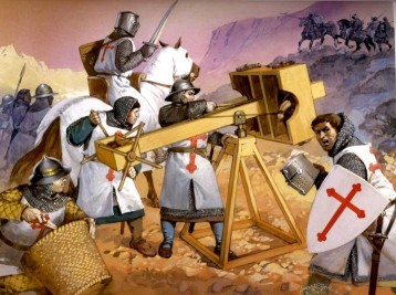 Wearing the red cross of the Crusader and attacking the Muslim conquerors.