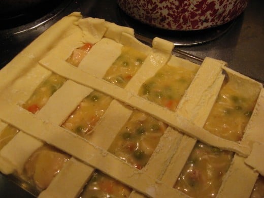 Add strips of pastry to top and bake.