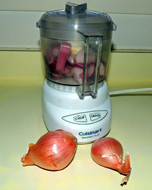 for this recipe, go ahead and food process those shallots. (food processing tends to draw out the water in shallots, which in this instance doesn't particularly matter)