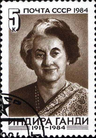 A postage stamp by Soviet Union commemorating Indira Gandhi.
