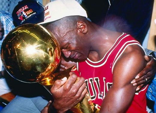 Michael Jordan overwhelmed with emotion after winning his first NBA Championship.