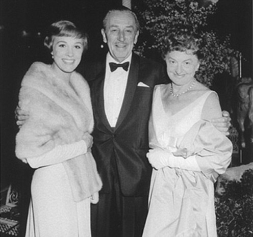 Julie Andrews, Walt Disney, and P.L. Travers at the Hollywood premiere of "Mary Poppins," in 1964.