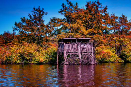 A duck blind alongside Louisiana waters.