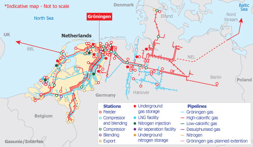 Gas field Groningen with the distribution network.