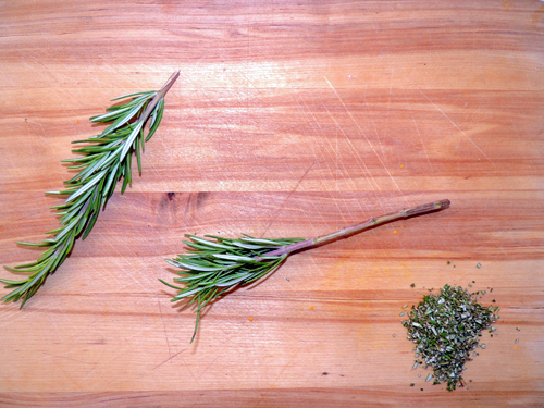 remove needles from rosemary, and chop to a very fine dice, reserving a bit for garnish