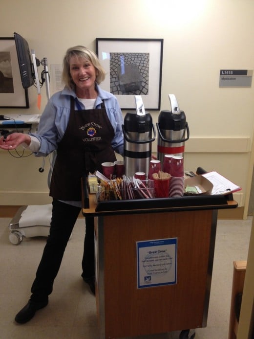 Coffee cart that travels the halls of the company selling morning coffee and sweets.
