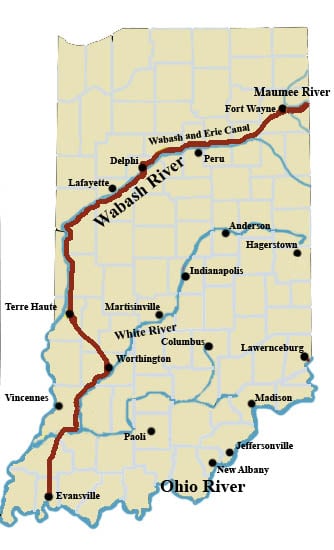The route of the Wabash & Erie Canal in Indiana