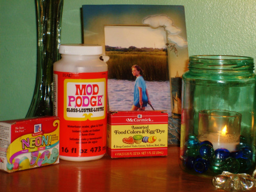 Modge Podge and Food Coloring are the main ingredients.  Add a little water to cut down on streaking.  Be sure you purchase the Glossy Modge Podge so it will dry in a translucent form.