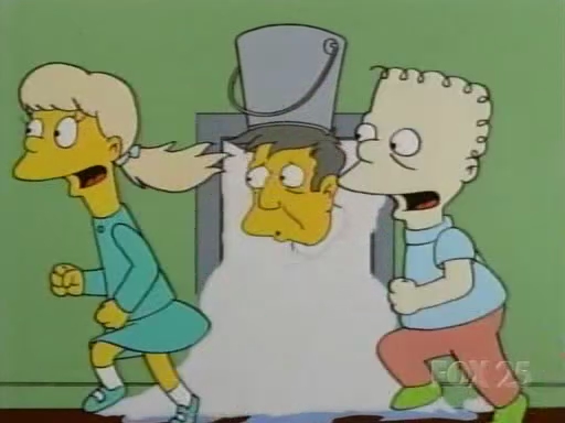 Seymour Skinner with pee bucket on head.