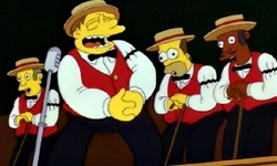 The Be Sharps. From left to right: Seymour Skinner, Barney Gumble, Homer Simpson, Apu Nahasapeemapetilon.