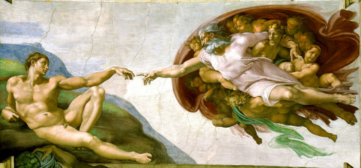 Michelangelo's depiction of God creating Man adorns the ceiling of the Sistine Chapel in Rome. It is part of a series of panels depicting stories from the book of Genesis, the first book of the Bible.