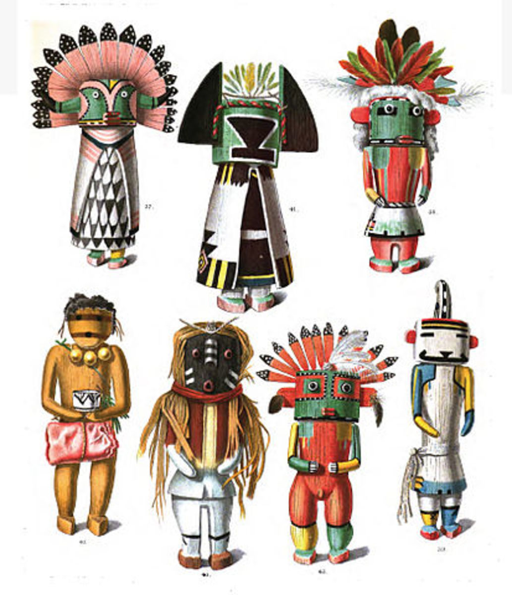 Drawings of kachina dolls, from an 1894 anthropology book, by Jesse Walter Fewkes 