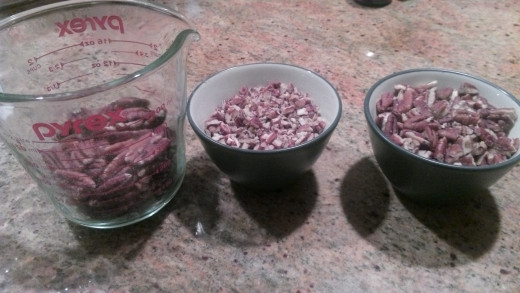 all the pecans required, from left to right:  unchopped, finely chopped, coarsely chopped