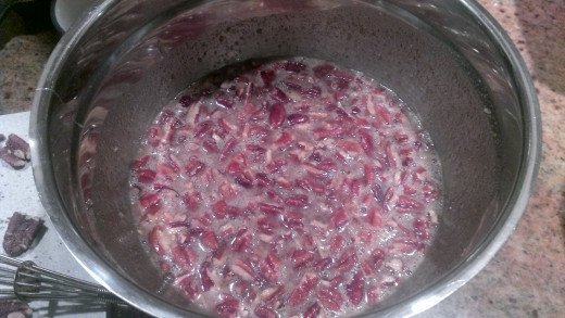 after mixing in the coarsely chopped pecans, they will float to the top of the mixture