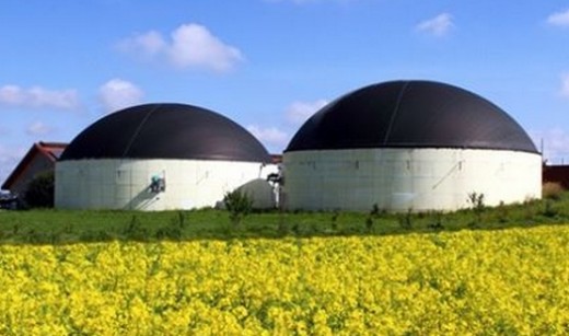 A typical agricultural biogas plant is easy to recognize. Watch out for large circular tanks with spherical roofs like these.