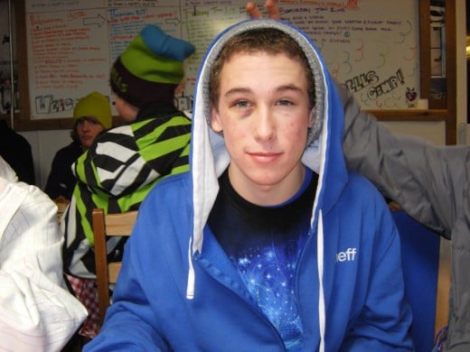 Joe Michaels, on his 18th birthday.  He got the black eye from crashing on his snowboard.