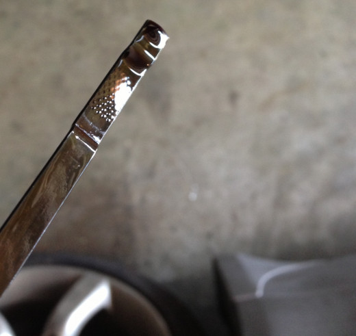 This oil level is right where I left it since the last oil change: just above the top hash-marks on the dipstick.