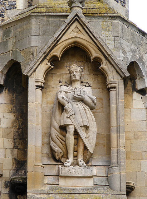 Statue of Harold at the south-west corner of the abbey church, Waltham 