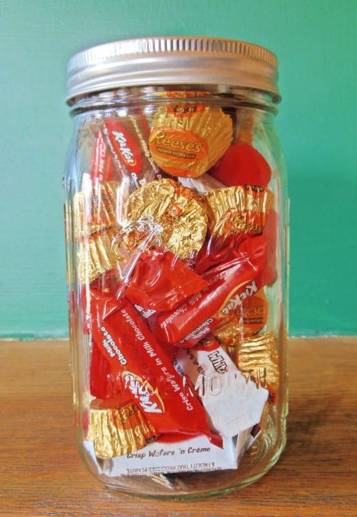 A wide-mouth Mason jar filled with chocolate treats is a perfect last-minute Christmas gift for anyone.