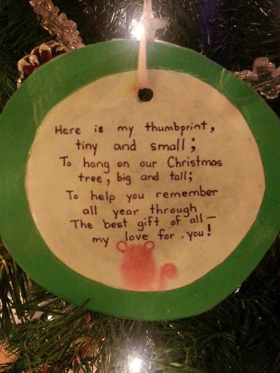 Special ornament made by my daughter when she was very young with her thumb print on it.  So tiny, sweet and cute!