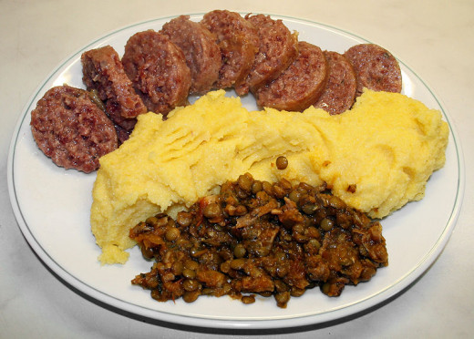 Cotechino (sausage), eggs and lentils for breakfast on New Year's Day!