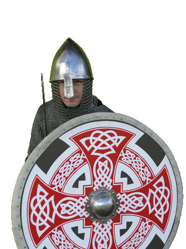 Danish huscarl - the huscarls or household warriors were introduced to England by Knut in the early years of the 11th Century. In the reign of  Harold II they were equipped with kite-shaped shields like those of the Normans