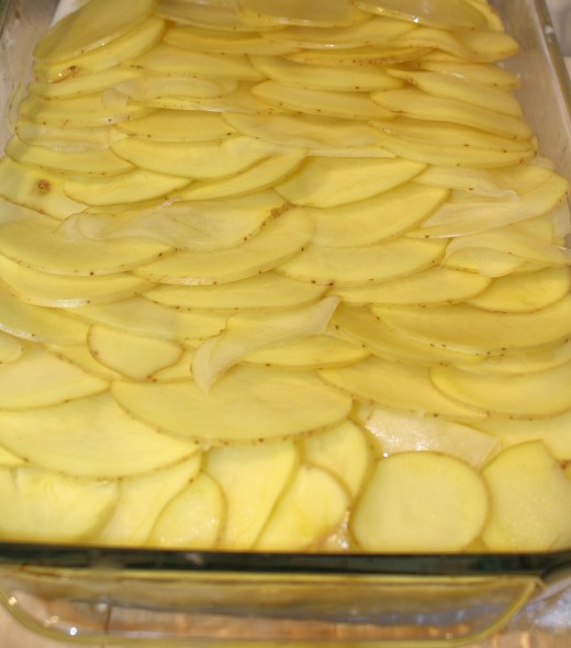 Second Layer of Potato Slices Ready for Sauce.
