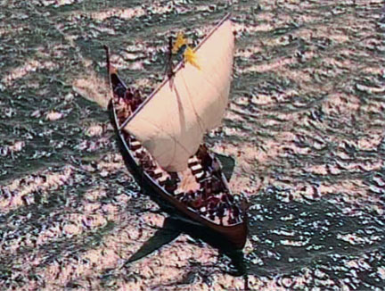 Seagull's eye view of a Viking ship under sail - could be in a fjord, with the water being relatively calm