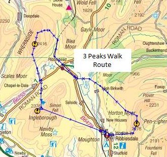 Three peaks walk route between Horton up Pen-y-gent, Ribblehead and Ingleton