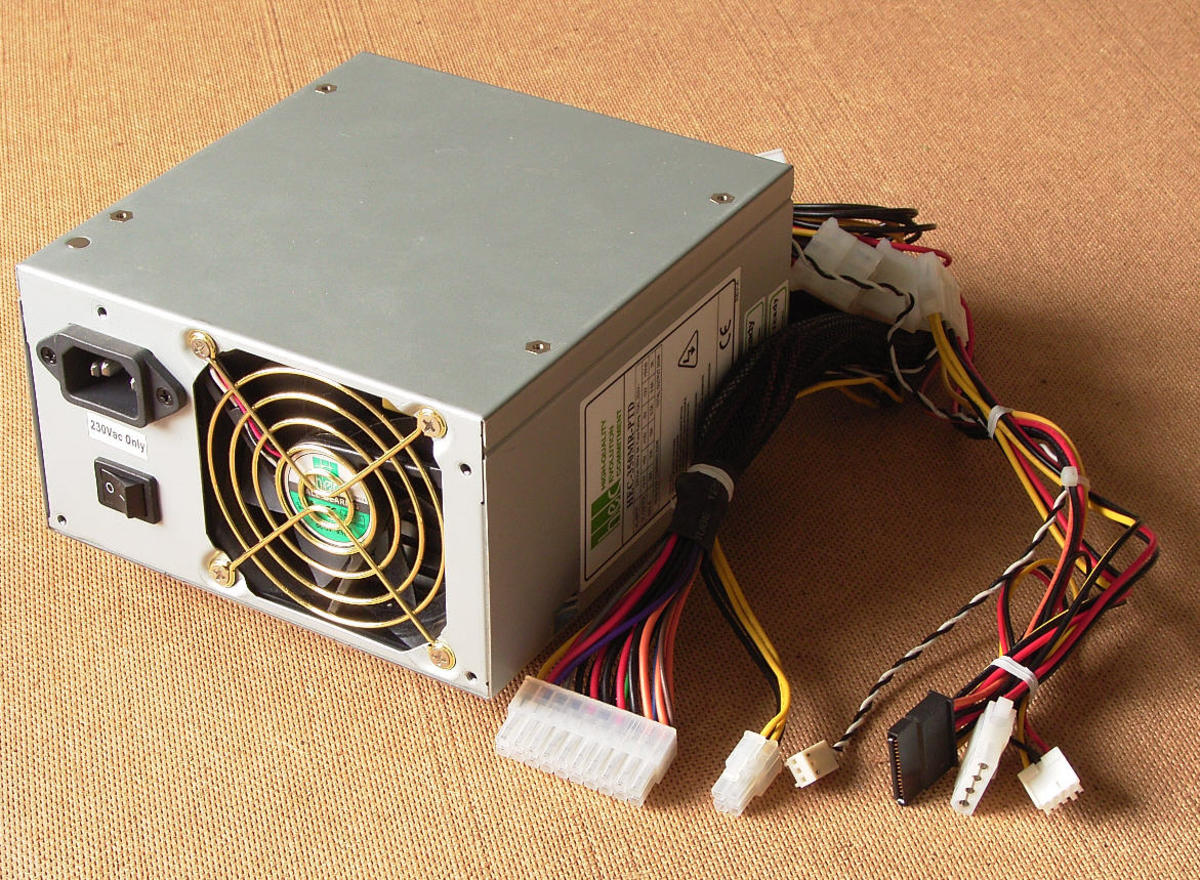 A simple power supply used in desktop computers. This unit supplies the regulated voltage necessary for computer to operate properly.