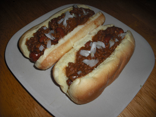 Not crazy about the chili-spaghetti combo?  Try the Coney dog:  a hot dog topped with Cincinnati Chili, onions, mustard, and (optionally) cheese.