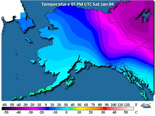 Notice the warmer trend in Alaska for the last week while the lower 48 states endure a sever cold spell, this can only be the result of an increase in the wobble of the Earth.