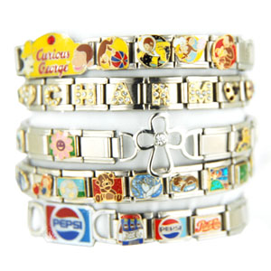 Five different sizes of Italian Charm Bracelets showcases on a white background