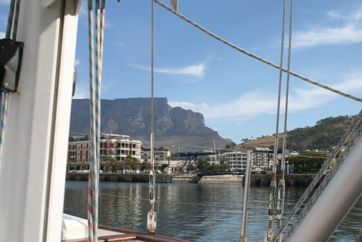 Looking up at Table Mountain through some of the "Esperance's" rigging