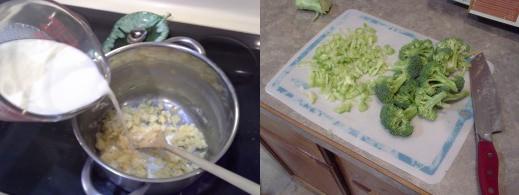 Step Six: Add in your milk, Step Seven: Chop up your broccoli, heads and stems