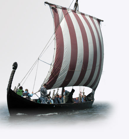 The sleek lines of a longship with high prow, designed to cut into the waves - also portable, traders and raiders were known to pass between river heads using rollers - they were easier to manhandle out of water than the deeper hulled 'knarr'        