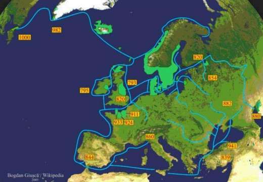 Widespread incursions east and west - between the Caspian Sea in the east and L'Anse aux Meadows in the west, Iceland and Greenland in the north and Ibiza in the south