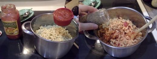 Step Four: Add your pasta sauce; I ended up adding just about the whole bottle, Step Five: Add your oregano