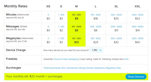 A comparison of the prices in Ting's a la carte system.